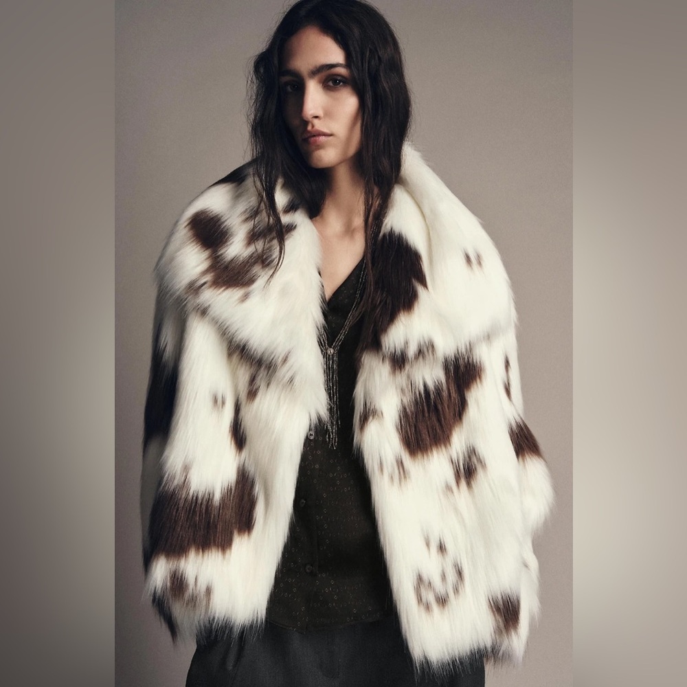 NWT Zara Bloggers Fav Cow Print ZW COLLECTION FAUX FUR JACKET LIMITED EDITION S - Picture 1 of 12